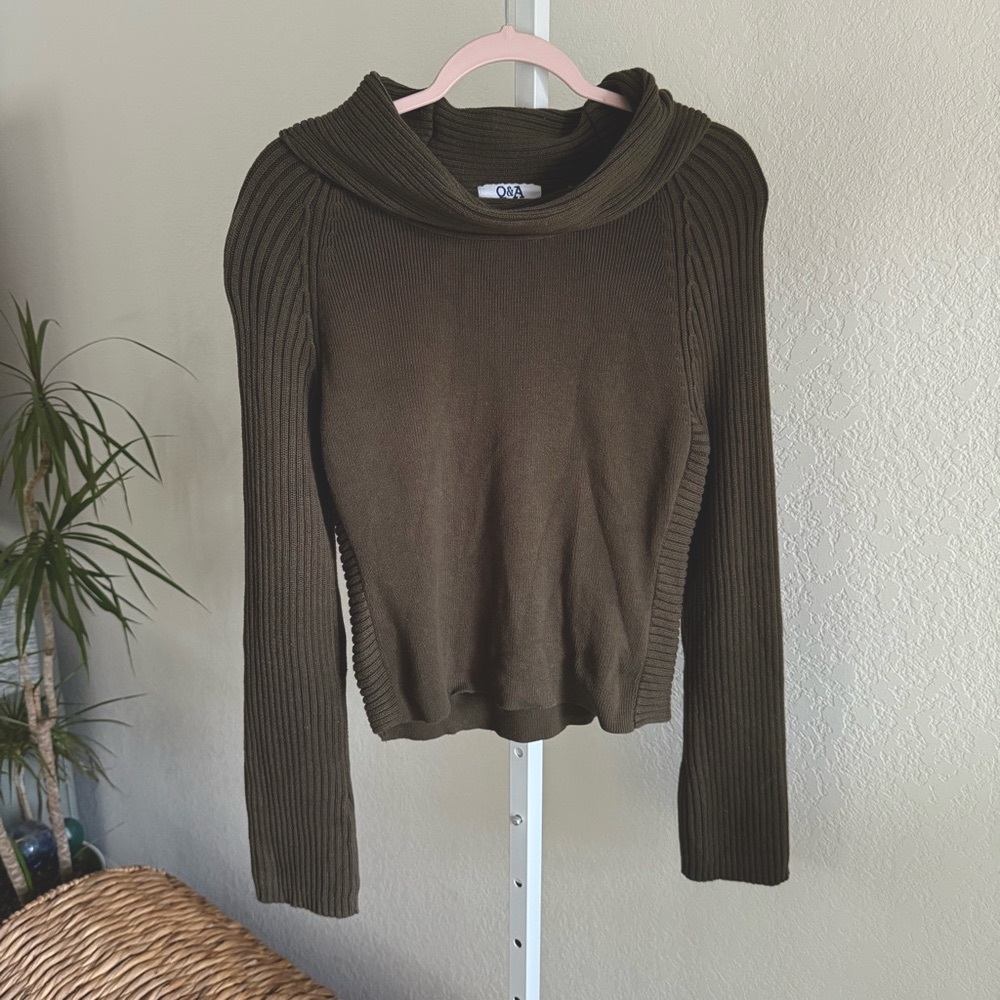 Vintage Sweater Green Ribbed Knit Women L Cowl Neck Long Sleeve 100% Cotton Y2K